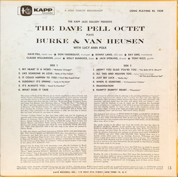 The Dave Pell Octet* With Lucy Ann Polk : The Dave Pell Octet Plays Burke & Van Heusen (LP, Album, Mono)