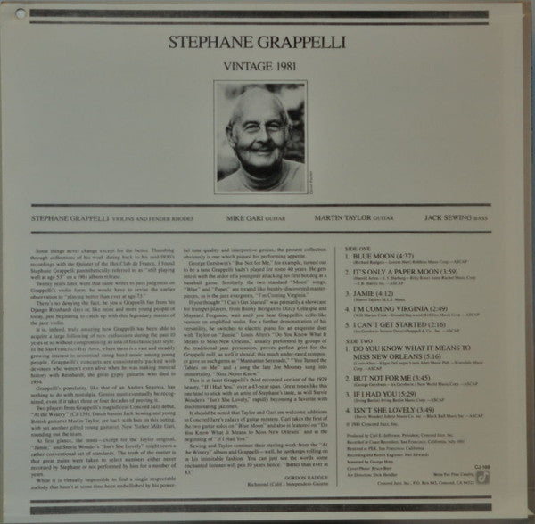 Stephane Grappelli* : Vintage 1981 (LP, Album)