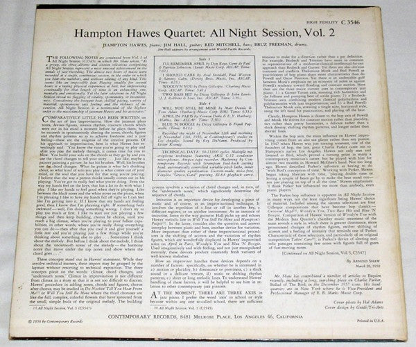 The Hampton Hawes Quartet* : All Night Session! Vol. 2 (LP, Album, Mono)