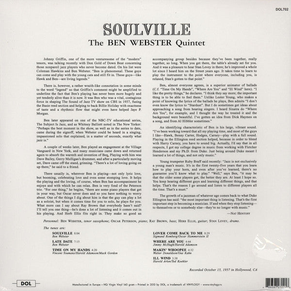 The Ben Webster Quintet : Soulville (LP, Album, RE, 140)