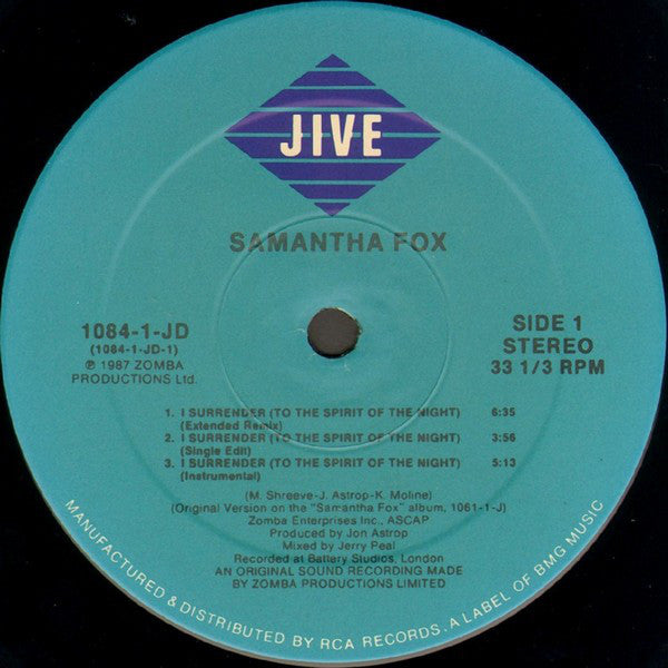 Samantha Fox : Naughty Girls (Need Love Too) / I Surrender (To The Spirit Of The Night) (12")