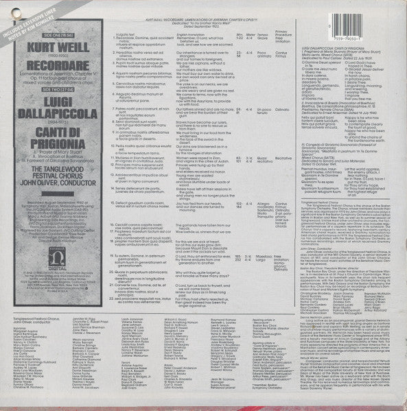 Kurt Weill / Luigi Dallapiccola, The Tanglewood Festival Chorus*, John Oliver (3) : Recordare / Canti Di Prigionia (LP)
