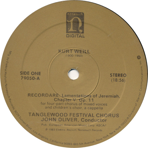 Kurt Weill / Luigi Dallapiccola, The Tanglewood Festival Chorus*, John Oliver (3) : Recordare / Canti Di Prigionia (LP)