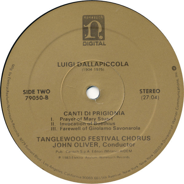 Kurt Weill / Luigi Dallapiccola, The Tanglewood Festival Chorus*, John Oliver (3) : Recordare / Canti Di Prigionia (LP)