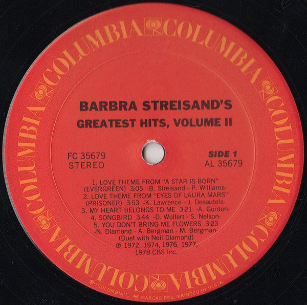 Barbra Streisand : Barbra Streisand's Greatest Hits - Volume 2 (LP, Comp, Pit)