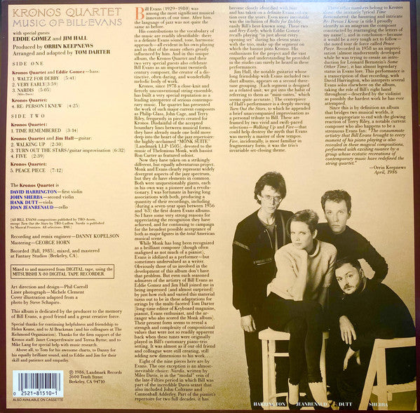 Kronos Quartet With Special Guests Eddie Gomez & Jim Hall : Music Of Bill Evans (LP, Album)