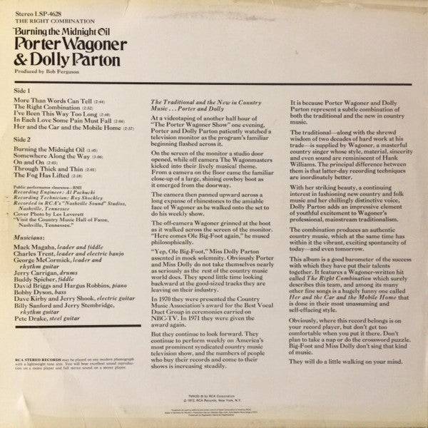 Porter Wagoner And Dolly Parton : The Right Combination Burning The Midnight Oil (LP, Album)