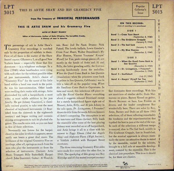 Artie Shaw And His Gramercy Five : This Is Artie Shaw And His Gramercy Five (10", Album, Comp, Mono)