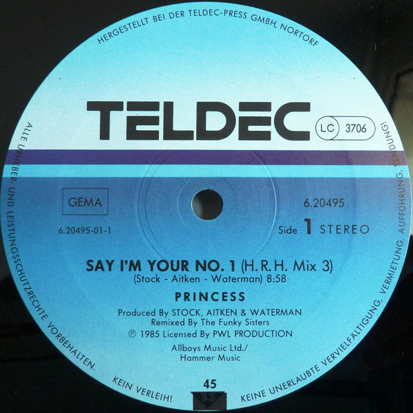 Princess : Say I'm Your No. 1 (12", Maxi)