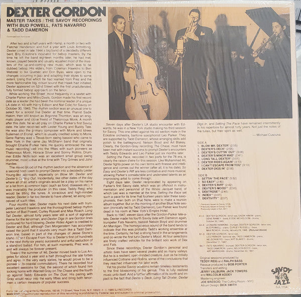 Dexter Gordon With Bud Powell, Fats Navarro & Tadd Dameron : Master Takes. The Savoy Recordings (LP, Comp)