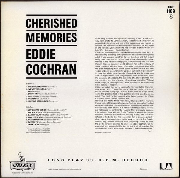 Eddie Cochran : Cherished Memories (LP, Album, Mono, RE)