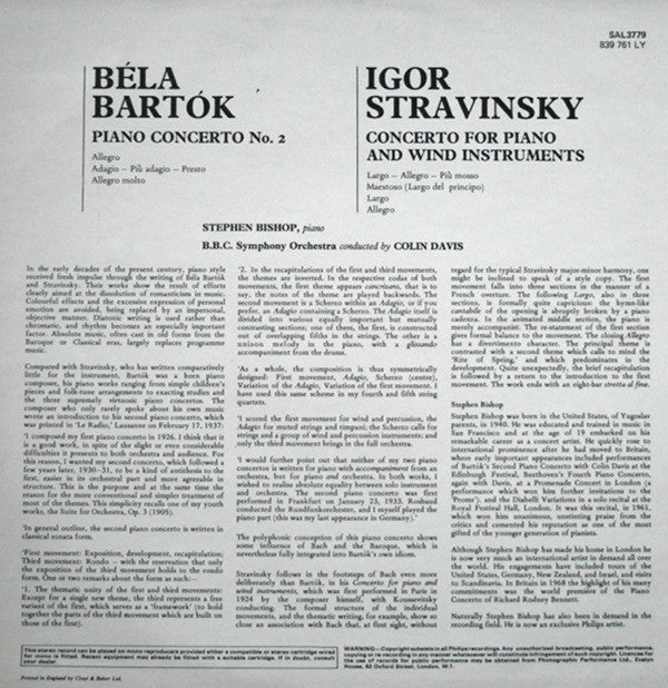 Bartók*, Stravinsky*, Stephen Bishop (3), Colin Davis* : Piano Concerto No. 2 / Concerto For Piano And Wind (LP, Album)