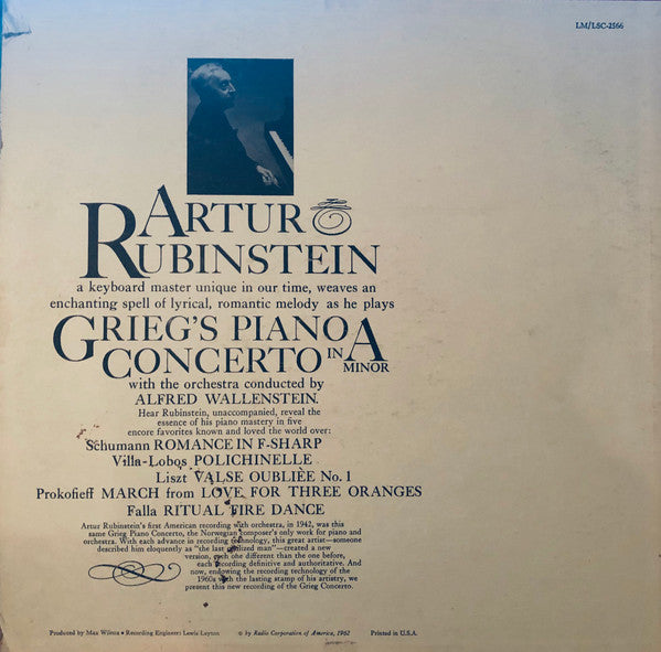Artur Rubinstein*, Grieg*, Alfred Wallenstein : Grieg Piano Concerto and Favorite Encores (LP, Comp, Mono)