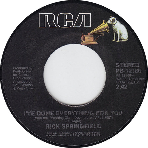 Rick Springfield : I've Done Everything For You (7", Single, Styrene, Ind)