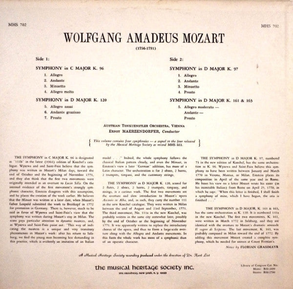 Wolfgang Amadeus Mozart /  Austrian Tonkuenstler Orchestra*, Ernst Maerzendorfer* : Symphonies: K. 96, K. 120, K. 97, K. 161 & 163 (LP)
