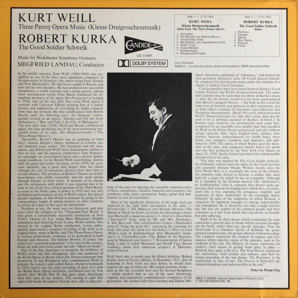 Kurt Weill, Robert Kurka, Siegfried Landau, Music For Westchester Symphony Orchestra* : Three Penny Opera Music (Kleine Dreigroschenmusik) / The Good Soldier Schweik (LP, Album)