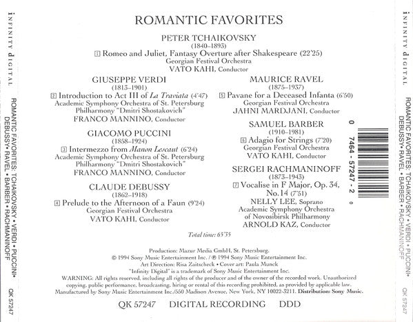 Tchaikovsky* / Barber* / Puccini* / Debussy* / Verdi* : Romantic Favorites (CD, Album)