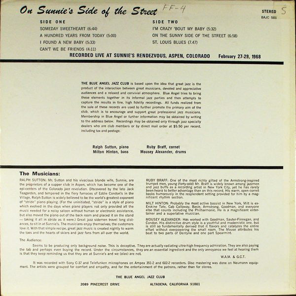 Ralph Sutton (2), Ruby Braff, Milt Hinton, Mousey Alexander : On Sunnie's Side Of The Street (LP, Album)