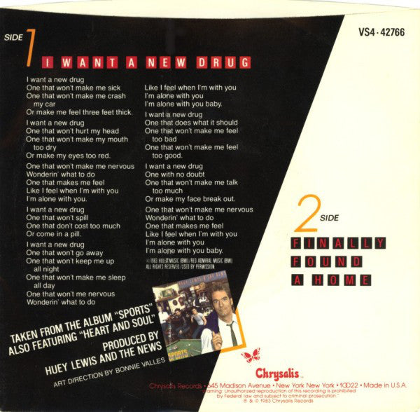 Huey Lewis And The News* : I Want A New Drug (7", Single, Styrene, Pit)