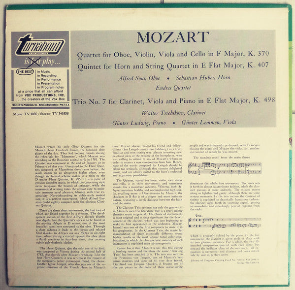 Mozart*, Endres Quartet* : Clarinet Trio / Oboe Quartet / Horn Quintet (LP, Album)