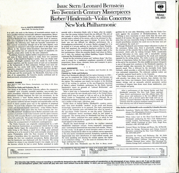 Isaac Stern  , Leonard Bernstein  , New York Philharmonic  - Samuel Barber / Paul Hindemith : Two Twentieth Century Masterpieces - Violin Concertos (LP, Mono)