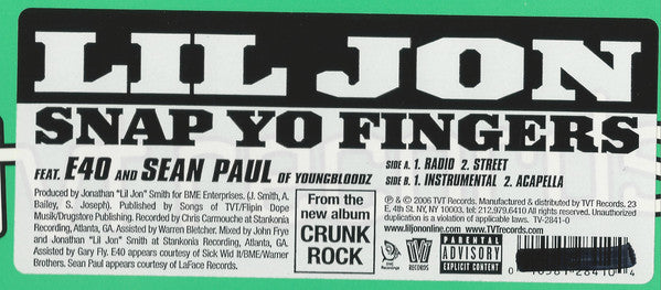 Lil Jon* Feat. E40* And Sean Paul (2) : Snap Yo Fingers (12", Promo)