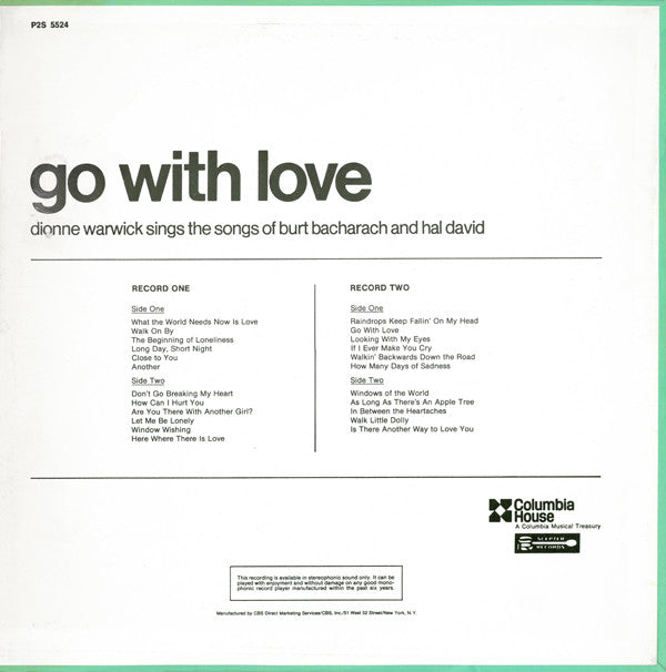 Dionne Warwick : Go With Love (Dionne Warwick Sings The Songs Of Burt Bacharach And Hal David) (2xLP, Comp, Club, Col)