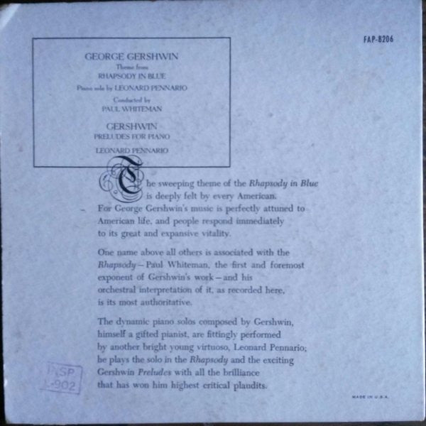 George Gershwin, Leonard Pennario, Paul Whiteman : Theme From Rhapsody In Blue / Preludes For Piano (7", EP)