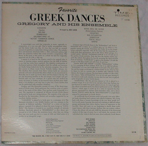 Gregory And His Ensemble : Favorite Greek Dances (LP)
