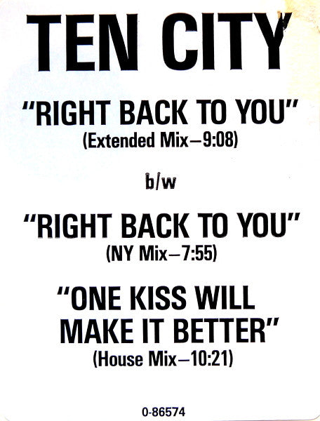 Ten City : Right Back To You (12", SP)