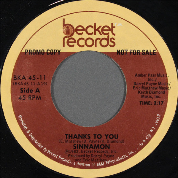 Sinnamon : Thanks To You (7", Promo)