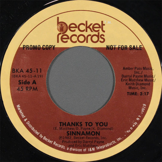 Sinnamon : Thanks To You (7", Promo)