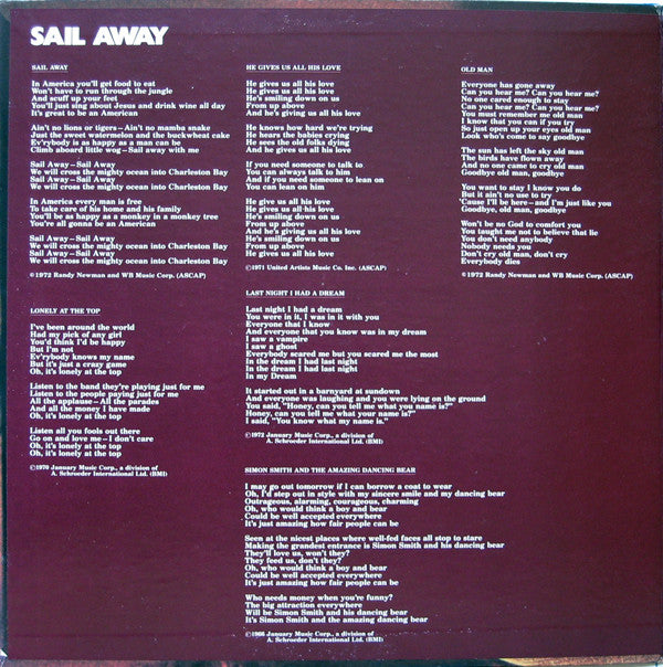Randy Newman : Sail Away (LP, Album, RE, Win)