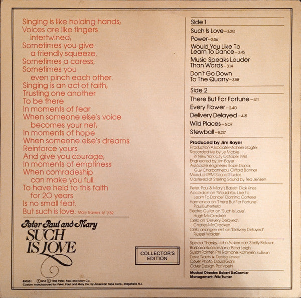 Peter, Paul & Mary : Such Is Love (LP, Album)