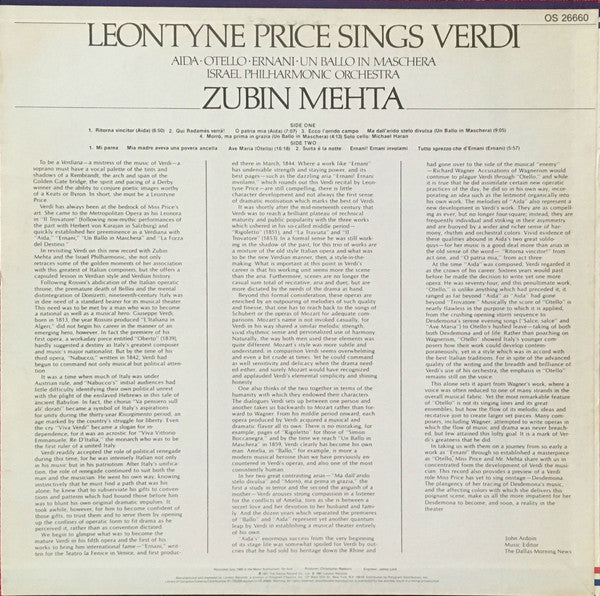 Leontyne Price, Israel Philharmonic Orchestra, Zubin Mehta : Leontyne Price Sings Verdi - Aida, Otello, Ernani, Un Ballo In Maschera (LP, Album)