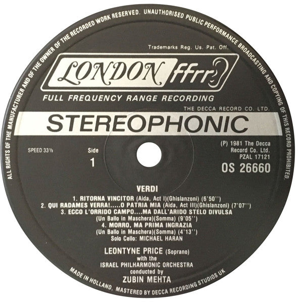 Leontyne Price, Israel Philharmonic Orchestra, Zubin Mehta : Leontyne Price Sings Verdi - Aida, Otello, Ernani, Un Ballo In Maschera (LP, Album)