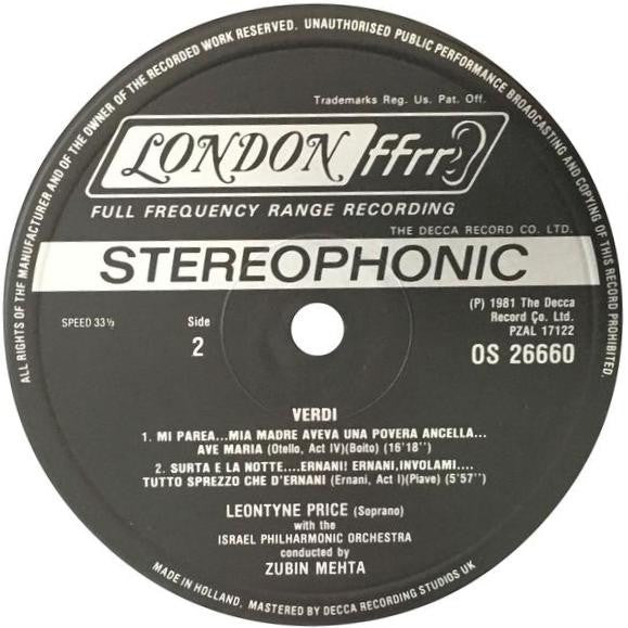 Leontyne Price, Israel Philharmonic Orchestra, Zubin Mehta : Leontyne Price Sings Verdi - Aida, Otello, Ernani, Un Ballo In Maschera (LP, Album)