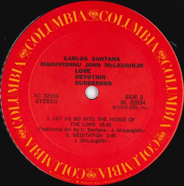 Carlos Santana & Mahavishnu John McLaughlin* : Love Devotion Surrender (LP, Album, Pit)