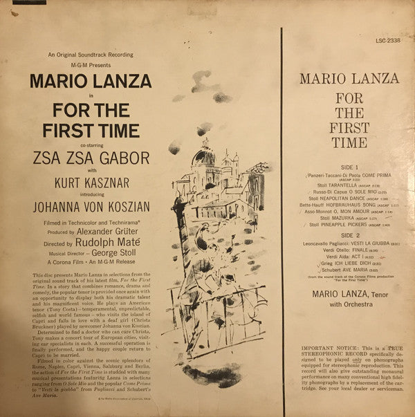 Mario Lanza, Zsa Zsa Gabor (2), Kurt Kasznar, Johanna Von Koszian* : For The First Time (LP, Album, Sha)