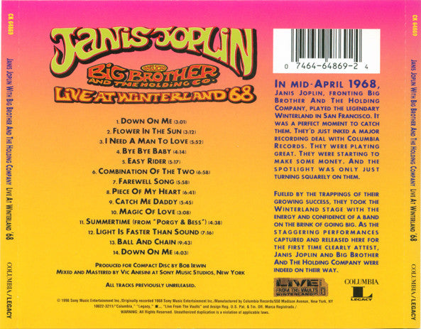 Janis Joplin With Big Brother And The Holding Company* : Live At Winterland '68 (CD, Album, Pit)