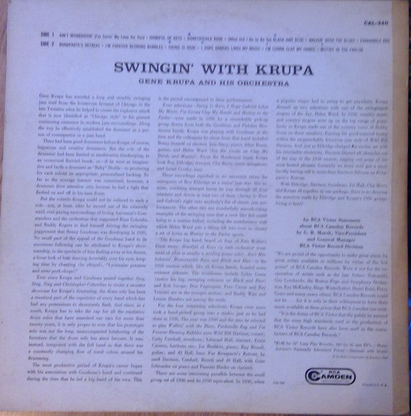 Gene Krupa And His Orchestra : Swingin' With Krupa (LP, Comp)