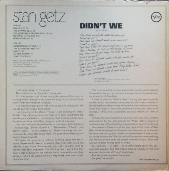Stan Getz : Didn't We (LP, Album, Club)