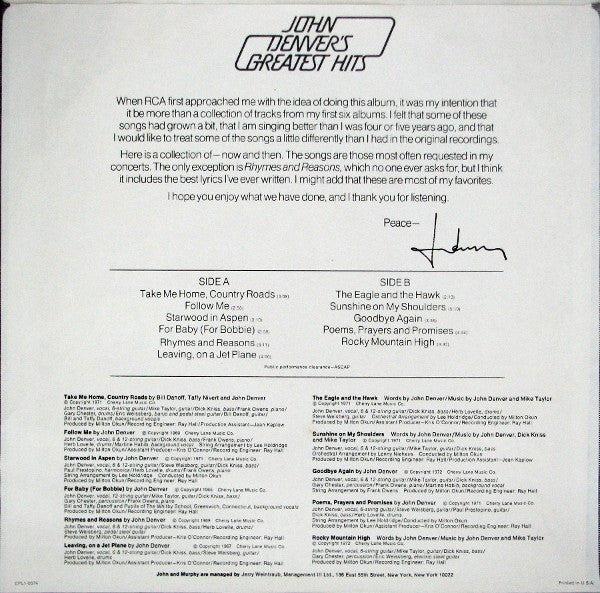 John Denver : John Denver's Greatest Hits (LP, Comp, RP, Tan)
