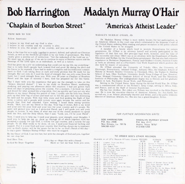 Bob Harrington ''Chaplain Of Bourbon Street''* : Ten Reasons Why Madalyn Murray O'Hair Must Be Stopped... ..And Ten Ways To Stop Her (LP)