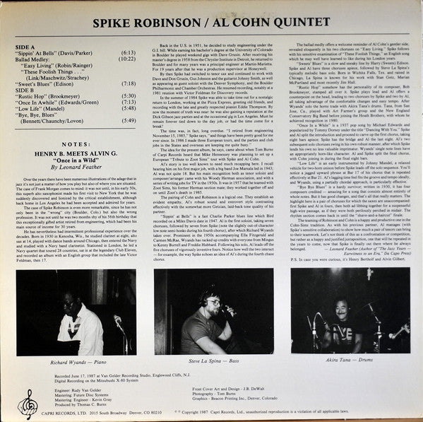 Spike Robinson · Al Cohn Quintet : Henry B. Meets Alvin G.  "Once In A Wild" (LP, Album)