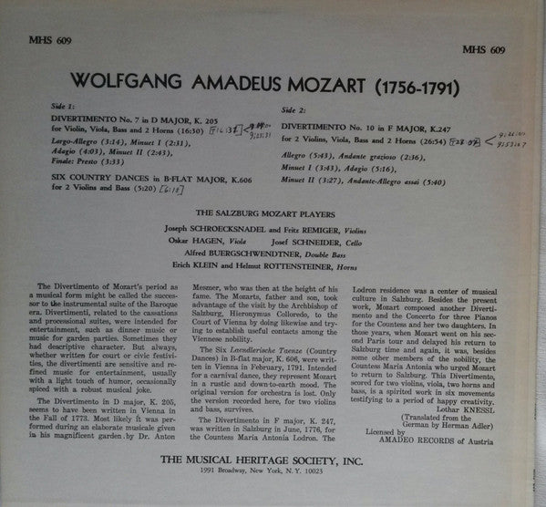 The Salzburg Mozart Players*, Wolfgang Amadeus Mozart : Divertimentos 7 And 10 / Country Dances (LP, Album, RE)