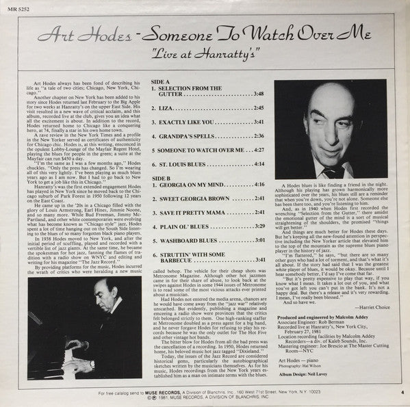 Art Hodes :  Someone To Watch Over Me (Live At Hanratty's) (LP, Album)