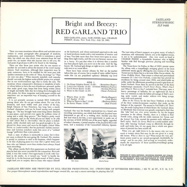 The Red Garland Trio : Bright And Breezy (LP, Album)