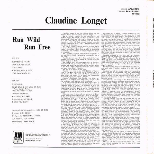 Claudine Longet : Run Wild, Run Free (LP, Album)