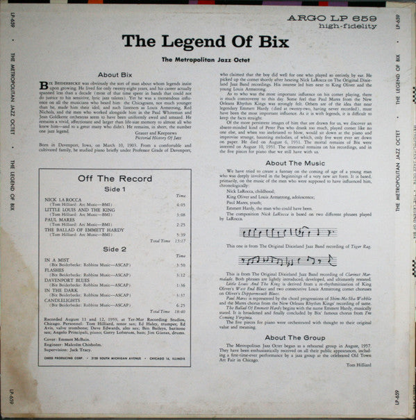 The Metropolitan Jazz Octet : The Legend Of Bix (LP, Album, Mono)